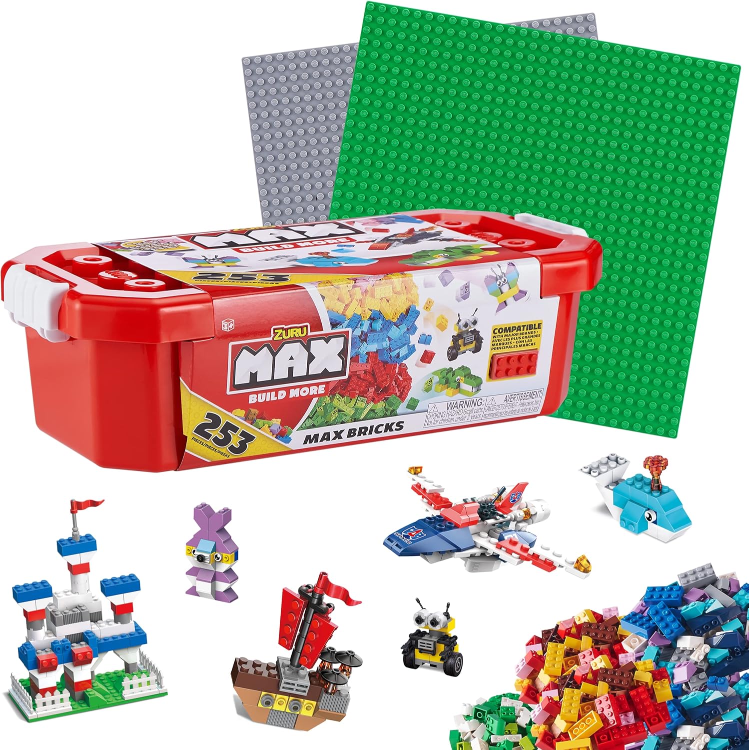 ZURU MAX Build More Building Bricks Value Set - 253 Pieces with 2 Baseplates & 8 Surprise Figurines