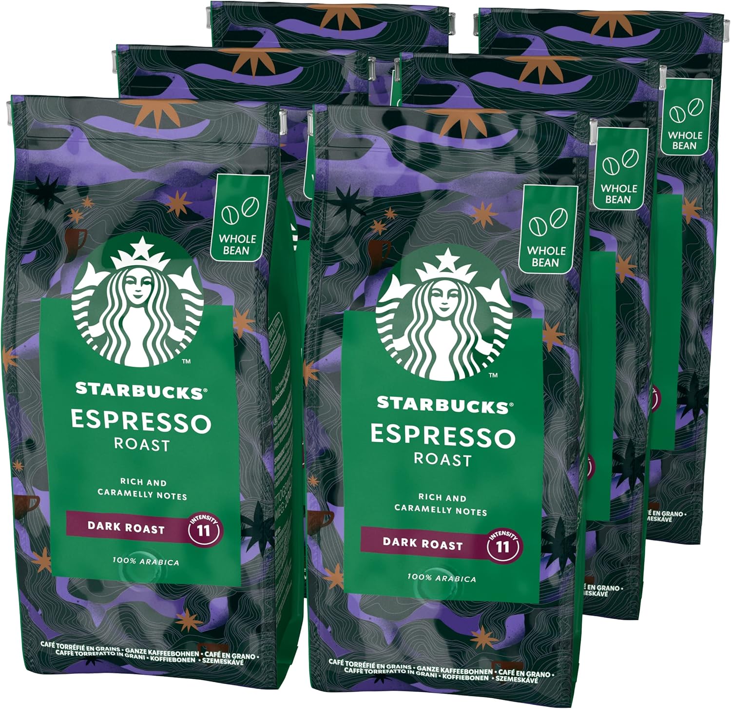 STARBUCKS - Espresso Roast Dark Roast Whole Bean Coffee 200g (Pack of 6)