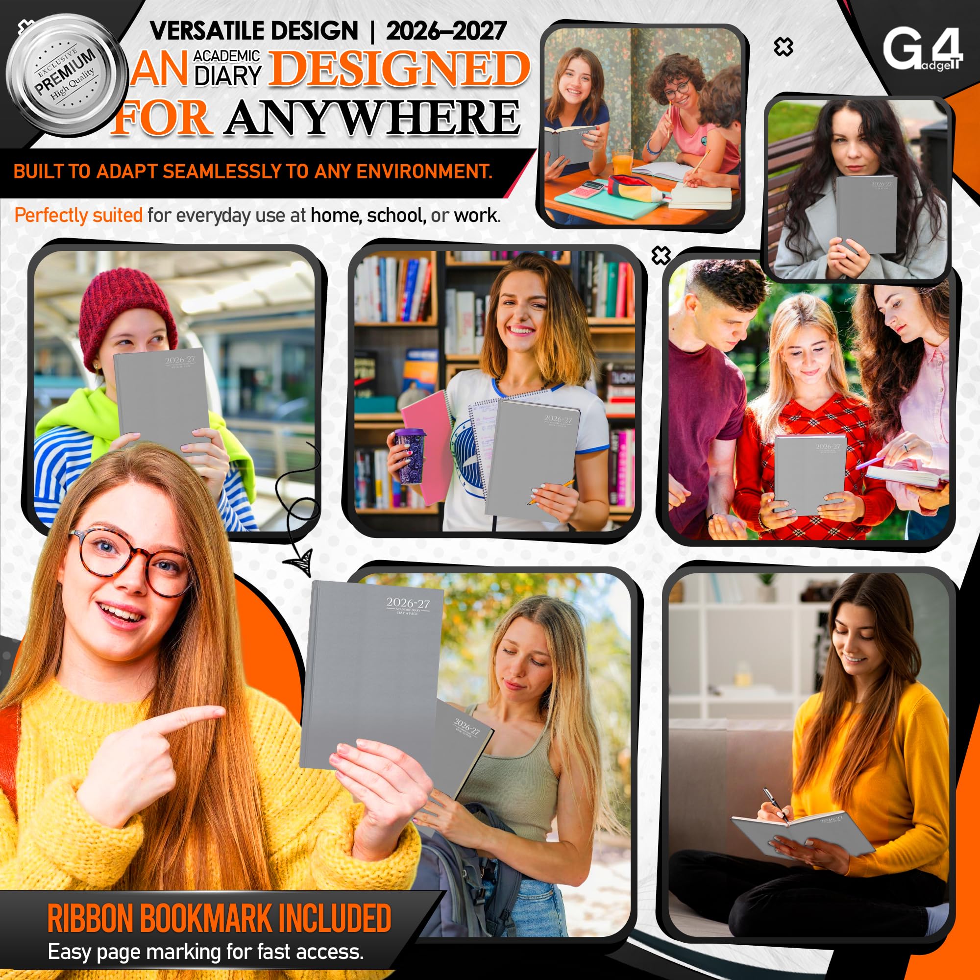 G4GADGET 2026-2027 Academic Diary | A4 Day A Page | Grey Hardback 5