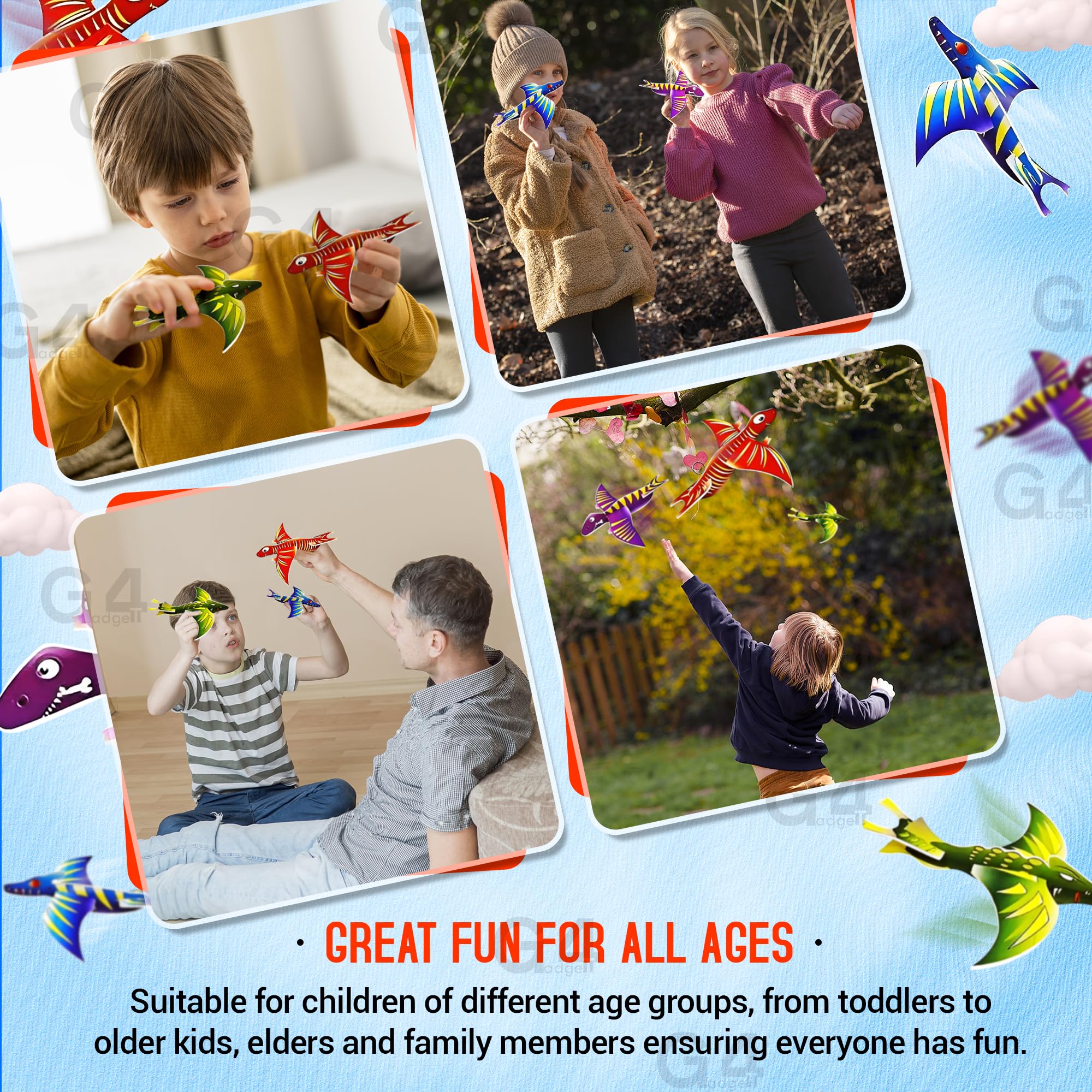 G4GADGET Dinosaur Flying Glider Planes - Pack of 12, Lightweight Foam Gliders for Kids 3+ 8