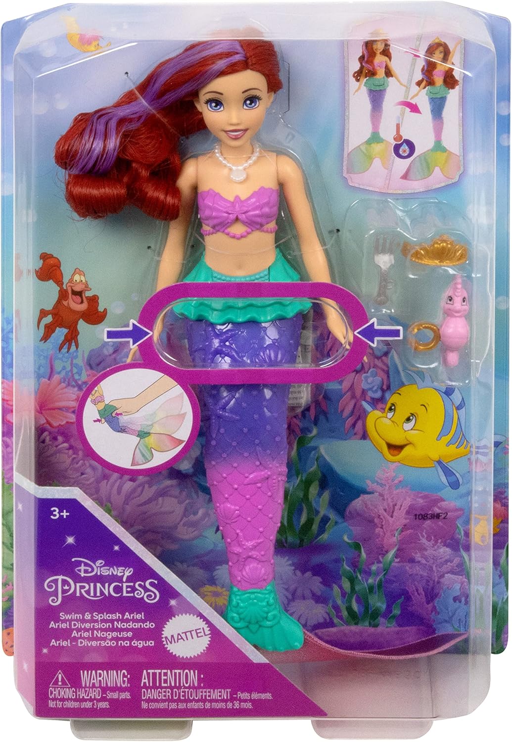 Disney Princess Ariel Swimming Mermaid Doll with Color-Change Hair & Seahorse Friend - Ages 3+ 6