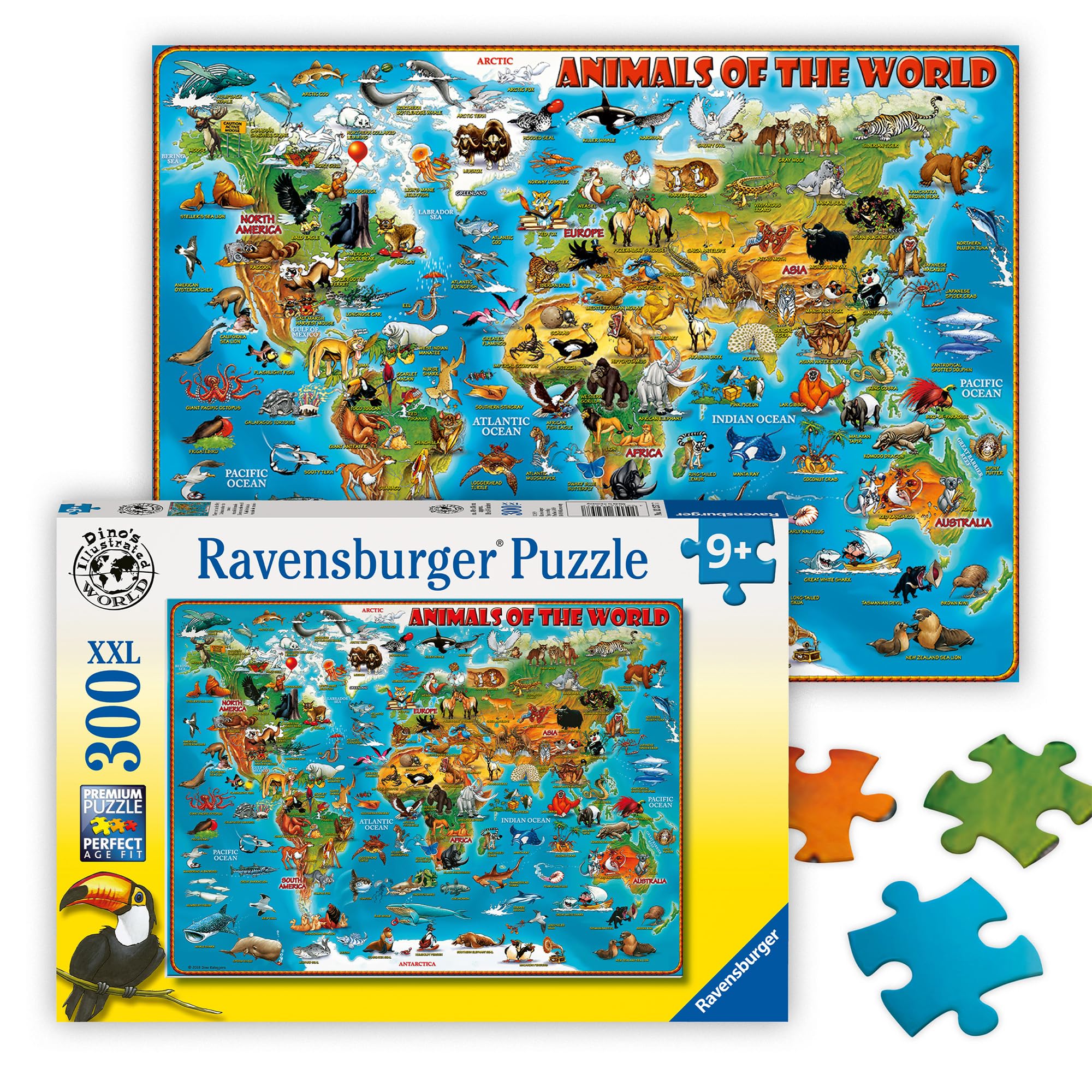 Ravensburger Animals of the World Jigsaw Puzzle - 300 Extra Large Pieces | Educational World Map | Ages 9+