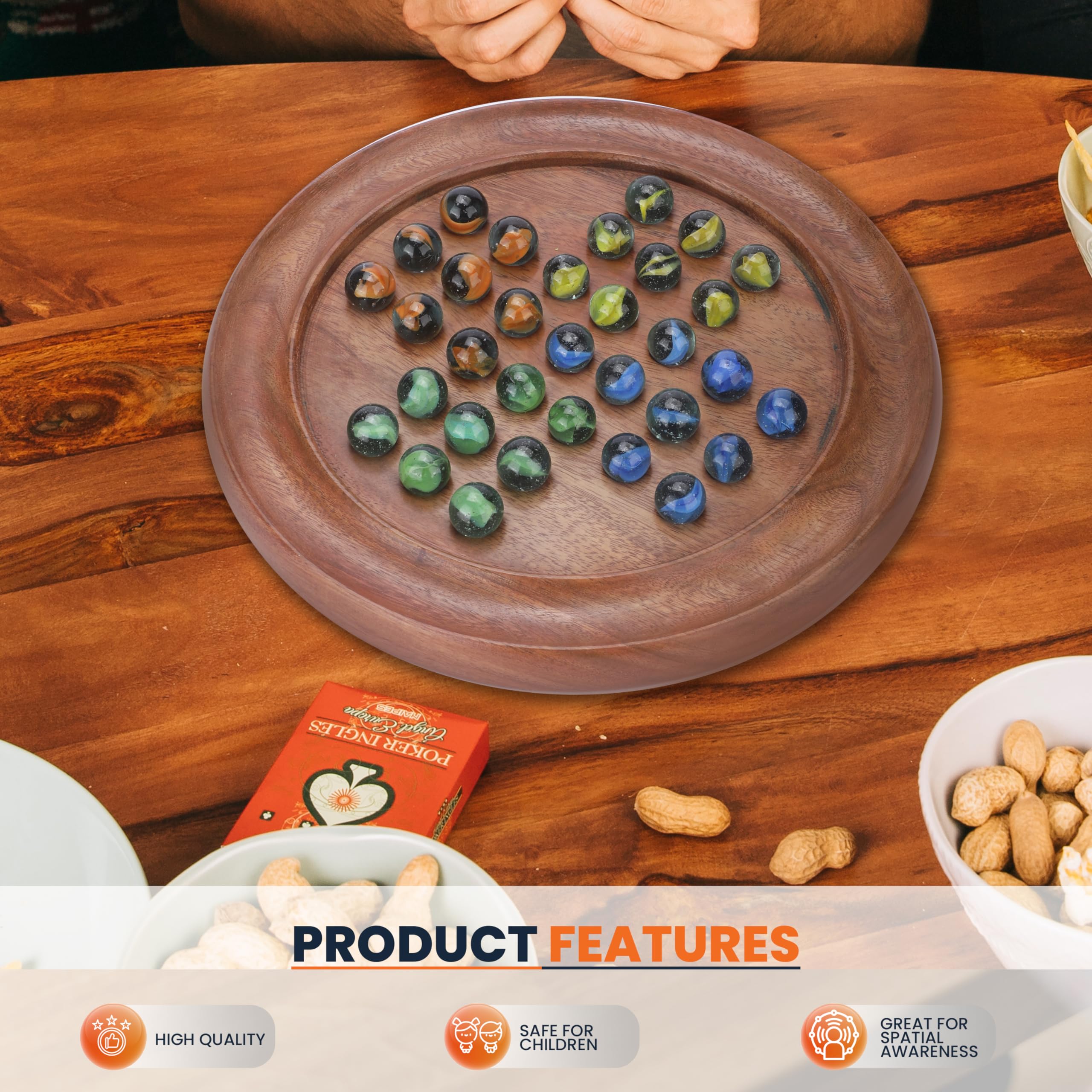 Ajuny Classic Solitaire Handcrafted Wooden Board Game with 4-Color Marbles 8