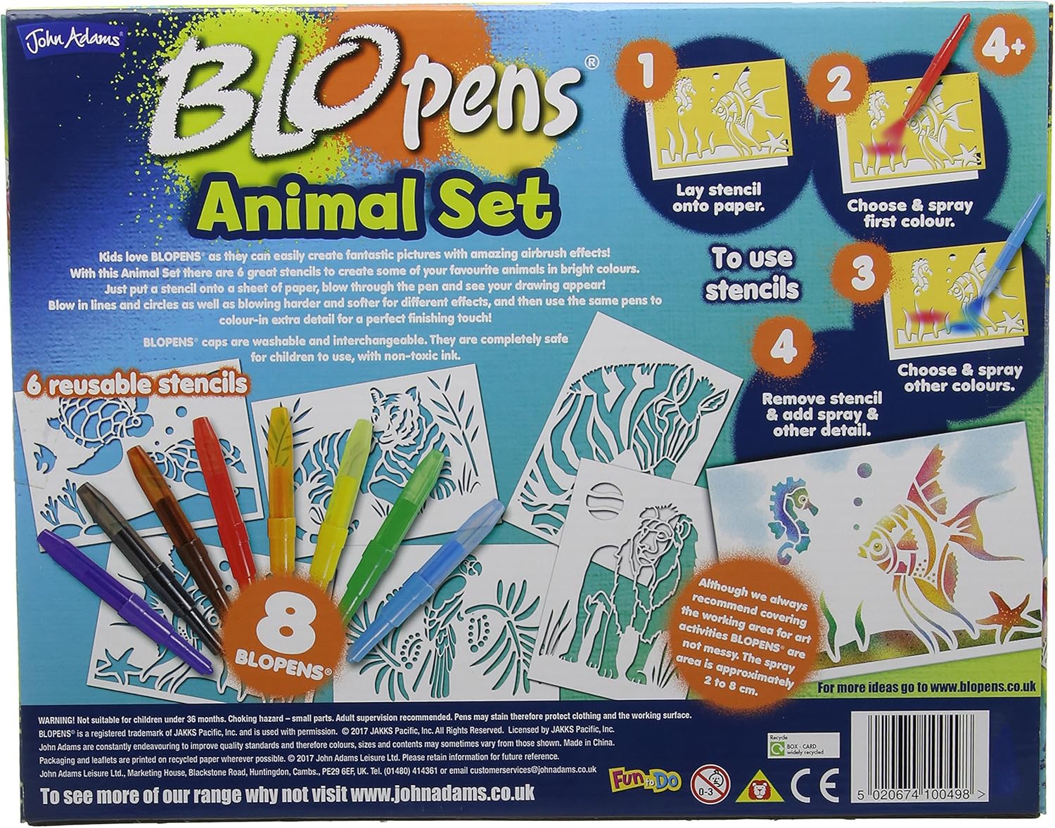 John Adams BLOPENS Animal Activity Set - 8 Colors & 6 Reusable Stencils for Airbrush Drawing 5