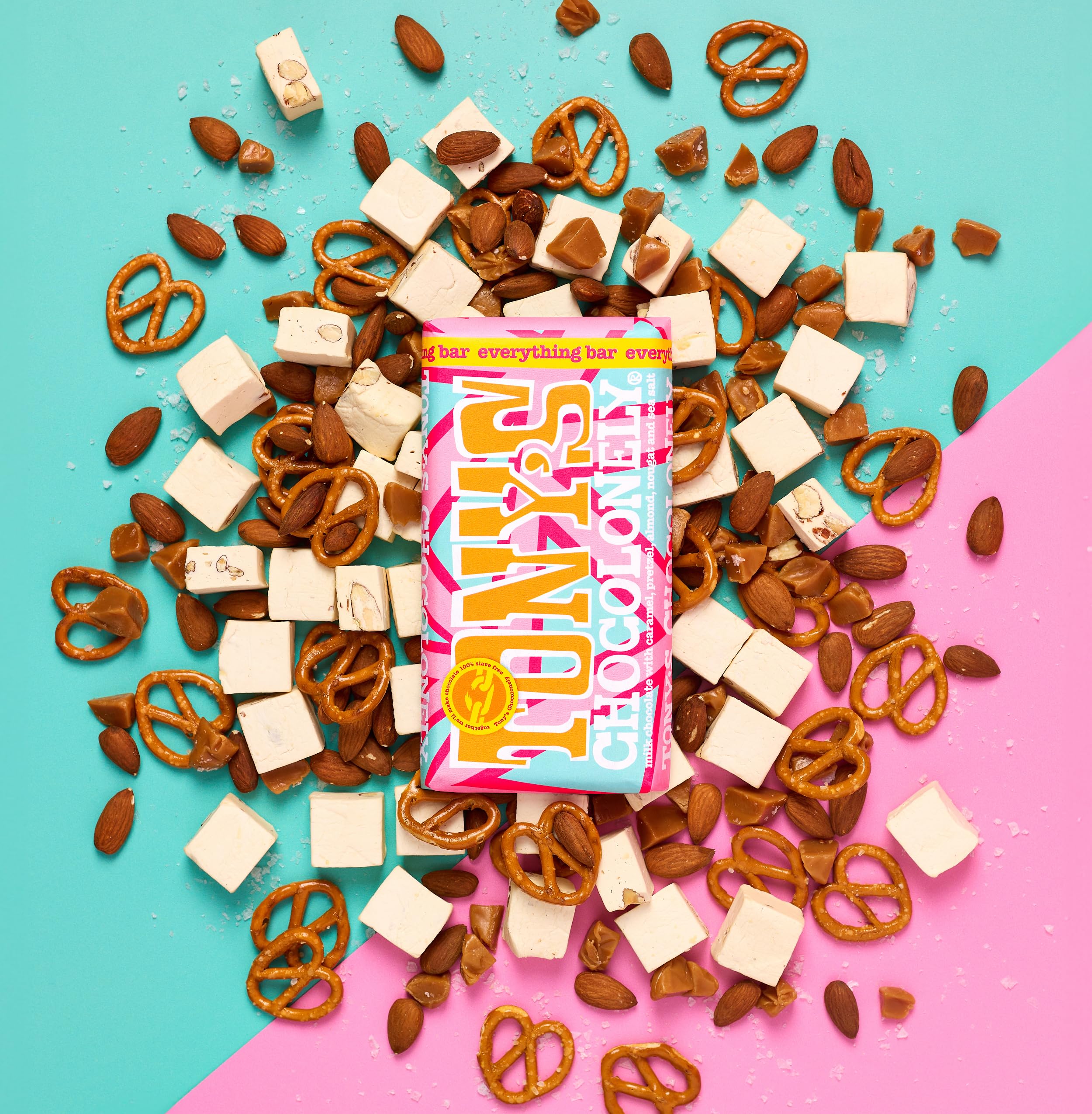 Tony's Chocolonely Everything Bar – Milchschokolade mit Karamell, Mandeln, Brezel, Nougat und Meersalz, 180 g 3