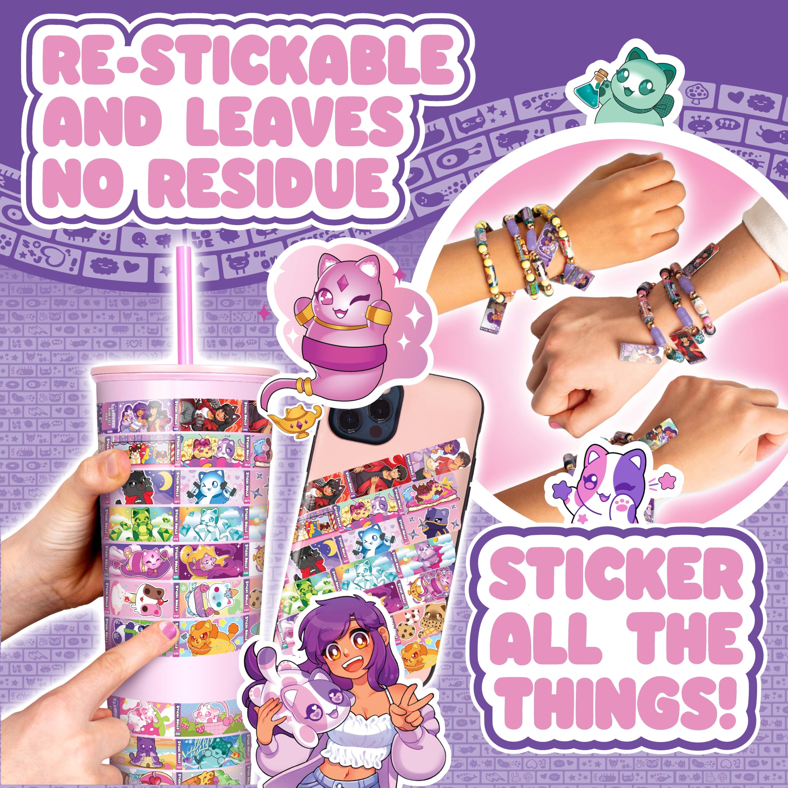 Sticki Rolls x Aphmau Pendant & Bracelet Set - Holographic Cat Sticker Dispenser with 120 Kawaii Foil Stickers 7