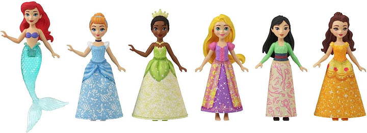 Disney Princess Toys, 6 Posable Small Dolls with Sparkling Clothing and 13 Tea Party Accessories