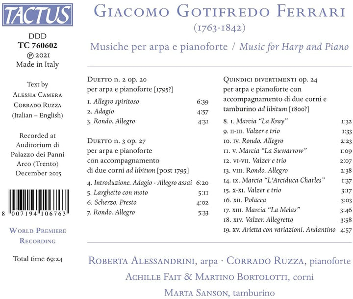 Roberta Alessandrini - Ferrari: Music For Harp [Roberta Alessandrini; Achille Fait; Martino Bortolotti; Marta Sanson; Corrado Ruzza] [Tactus: TC 760602] [Audio CD]