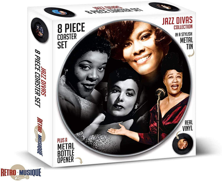 Jazz Divas - 8 Piece Mini Vinyl Record Coaster Set with Tin & Magnetic Bottle Opener by Retro Musique