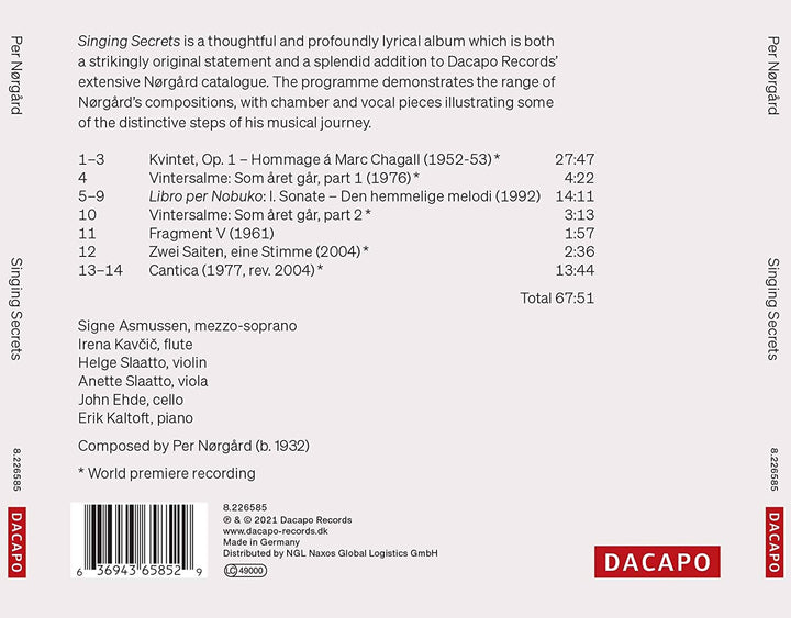 Signe Asmussen - Norgard: Singing Secrets [Signe Asmussen; Irena Kavi; Helge Slaatto; Anette Slaatto; John Ehde; Erik Kaltoft] [Dacapo: 8.226585] [Audio CD]