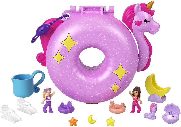 Polly Pocket Dolls and Playset, 12 Accessories, Unicorn Floatie Compact with Water Play