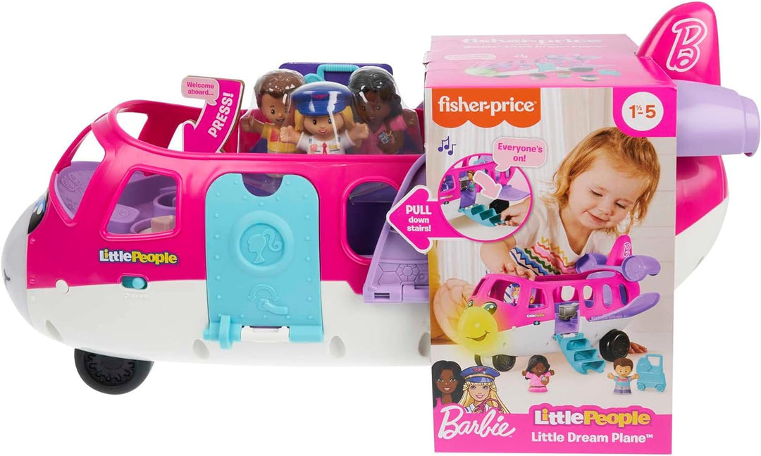 Fisher-Price Little People Barbie Toy Airplane for Toddlers with Lights Music and Folding Stairs