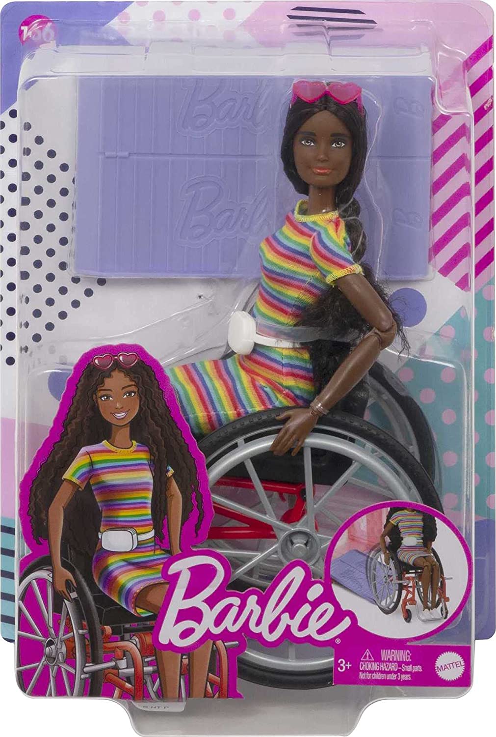 Barbie Fashionistas Doll #166 with Wheelchair & Crimped Brunette Hair - Rainbow Dress, 22 Joints