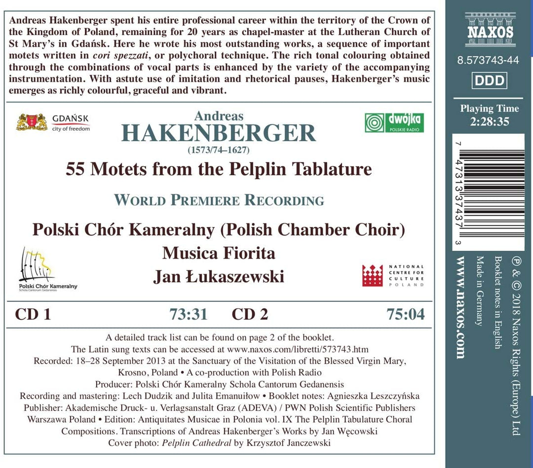 Polski Chór Kameralny - Hakenberger: 55 Motets from the Pelplin Tablature [Polski Chór Kameralny; Musica Fiorita; Jan ukaszewski] [Naxos: 8573743-44] [Audio CD]