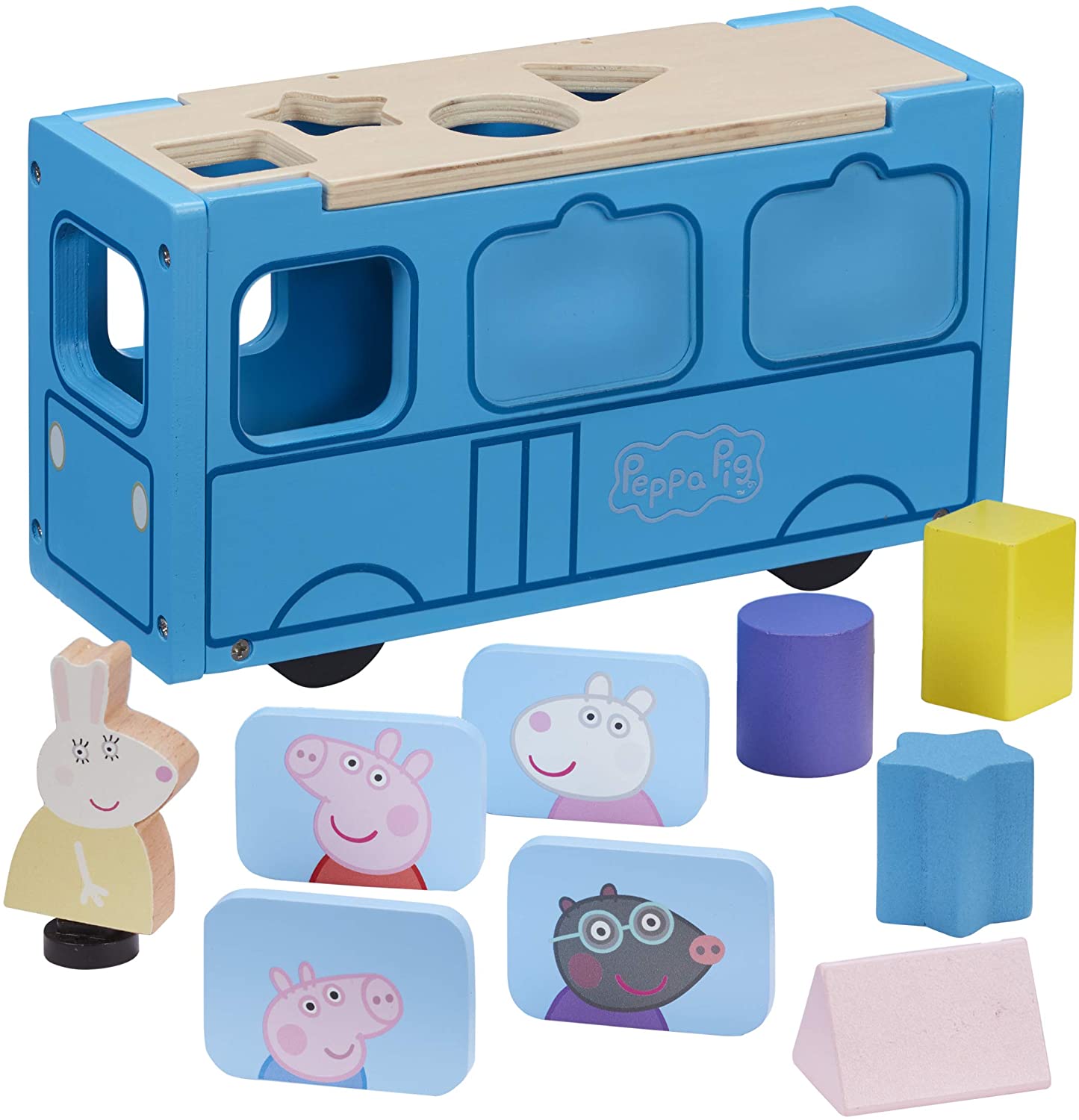 Peppa Pig Wooden School Bus - Push Along Shape Sorter with Magnetic Windows & Miss Rabbit Figure