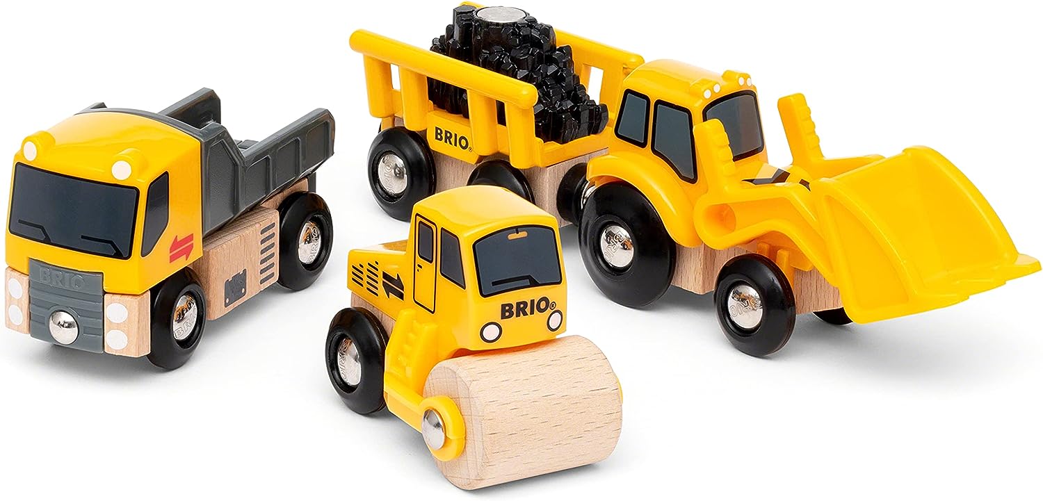 BRIO 33658 Eisenbahnset Baufahrzeuge – 5-teiliges Holzspielzeug-LKW-Set für Kinder 5