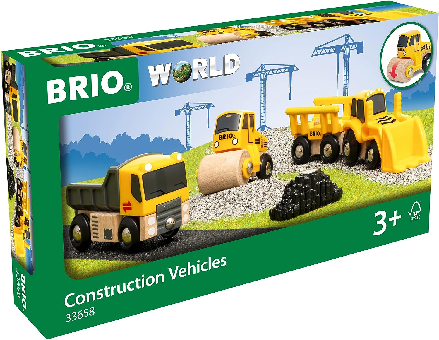 BRIO 33658 Eisenbahnset Baufahrzeuge – 5-teiliges Holzspielzeug-LKW-Set für Kinder 3