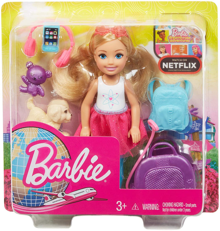 Barbie FWV20 Chelsea Doll e Set da Viaggio con Cucciolo, Multicolore