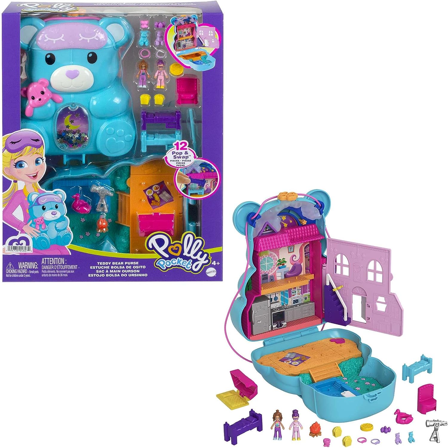 Polly Pocket Teddy Bear Purse Compact - Playset with 2 Micro Dolls & 16 Accessories for Ages 4+ 5