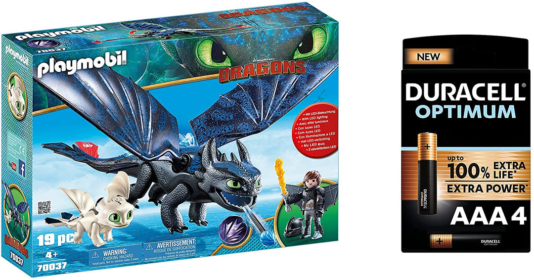 Playmobil 70037 DreamWorks Dragons, Hipo y Toothless con Baby Dragon, Duracell Optimum AAA pilas alcalinas paquete de 4