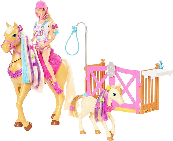 Barbie Groom &#39;n Care Horses Playset con Barbie Doll (Bionda 11,5 pollici), 2 cavalli e oltre 20 accessori per l&#39;acconciatura e l&#39;acconciatura