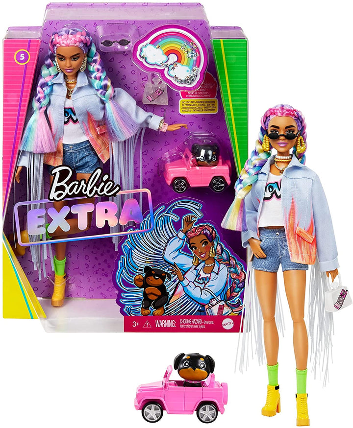 Barbie Extra Doll 5 in spijkerjasje met lange franjes en puppy voor kinderen 3 jaar