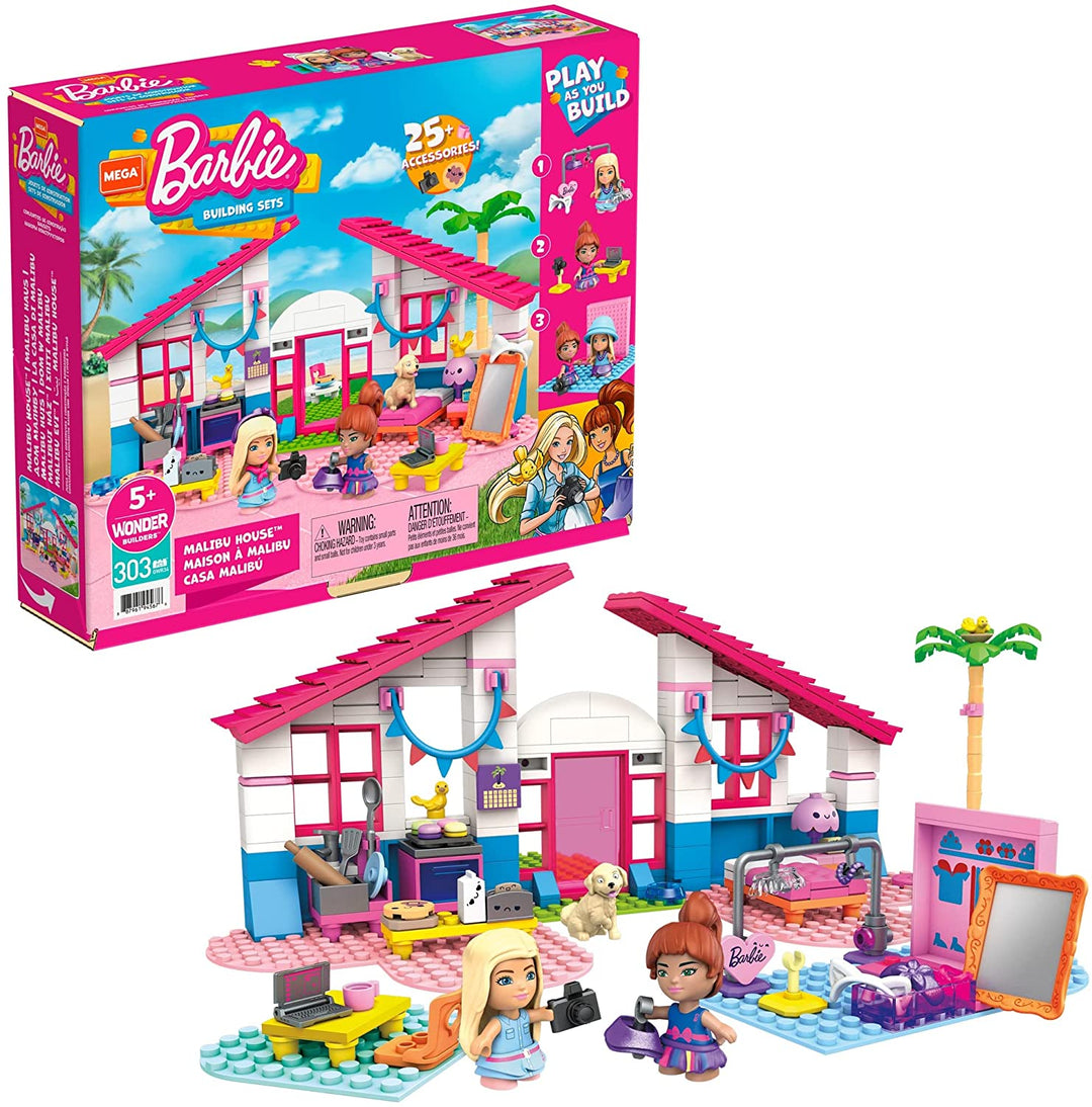 Mega Construx Barbie Malibu House Building Set - 305-Piece Playset for Ages 5+