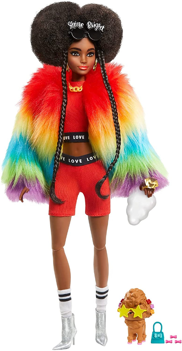 Bambola Barbie Extra con cappotto arcobaleno con giocattolo per cani