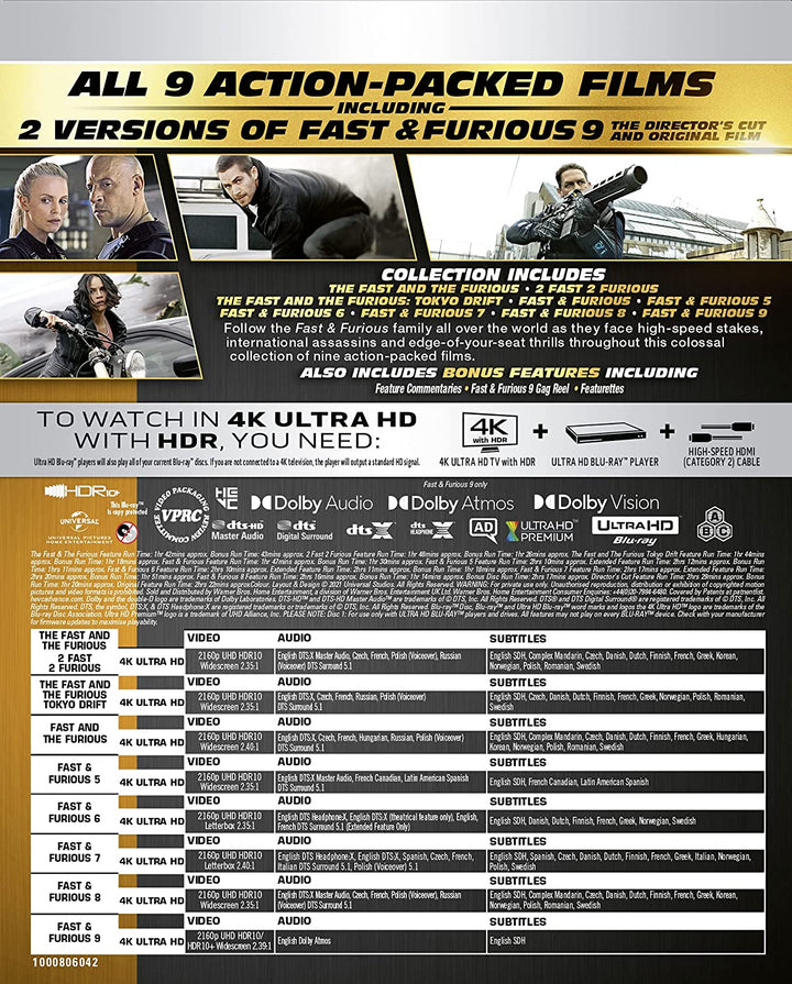 Fast & Furious 1-9 Film Collection [4K Ultra HD] [2021] [Region Free] - Action/Drama [Blu-ray]