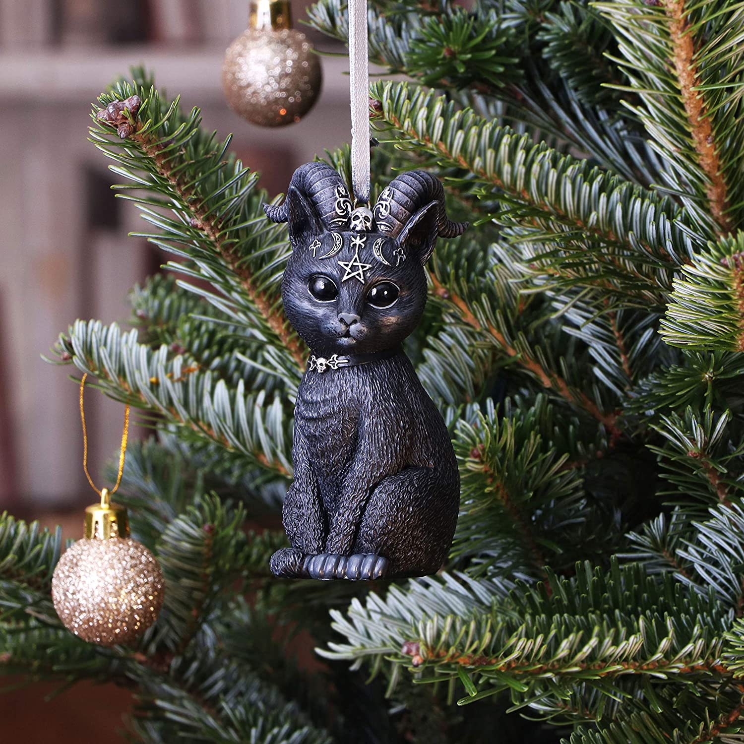 Nemesis Now Pawzuph Horned Cat Hanging Ornament in Black Resin