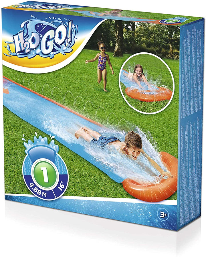 Bestway H20GO enkele waterglijbaan, 4,88 m opblaasbare slip en glijbaan met ingebouwde sprinklers