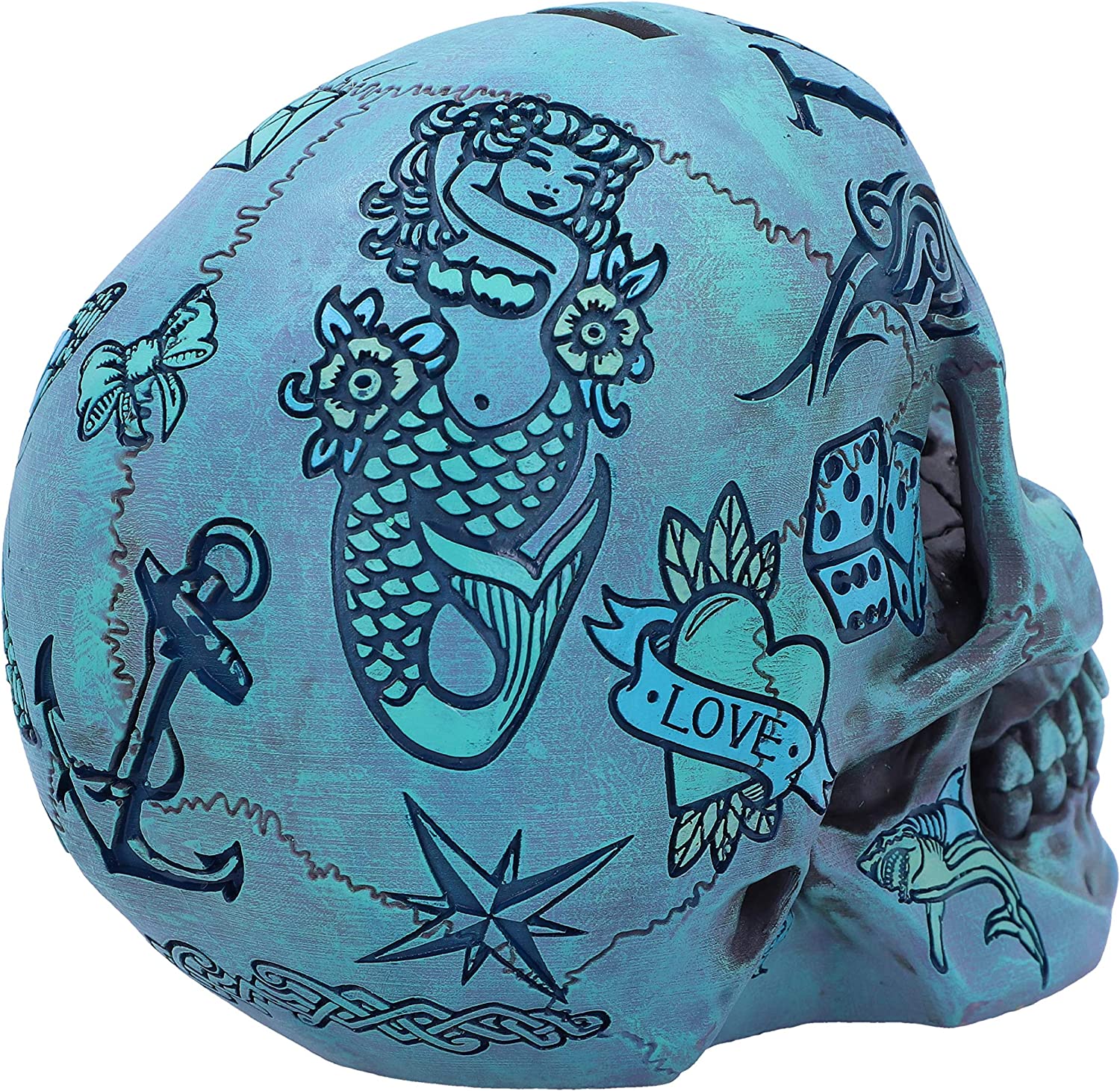 Nemesis Now Aqua Blue Traditional Tribal Tattoo Fund Skull - Polyresin Money Box 5