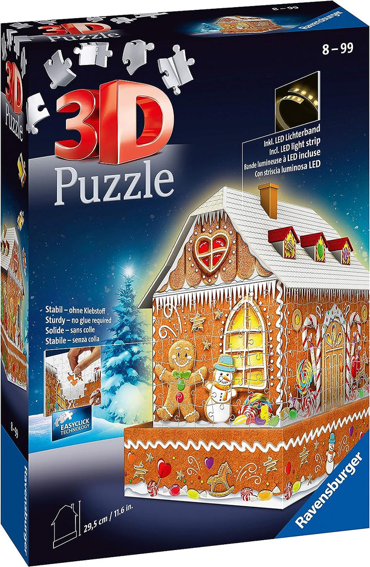 Ravensburger Christmas Gingerbread House 216 Piece 3D Jigsaw Puzzle for Adults and Kids Age 8 Years Up - Night Edition with LED Lighting