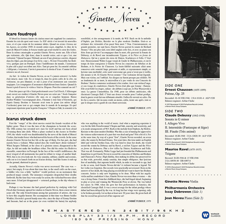 Ginette Neveu - Chausson: Poeme, Debussy: Violin Sonata, Ravel: Tzigane [VINYL]